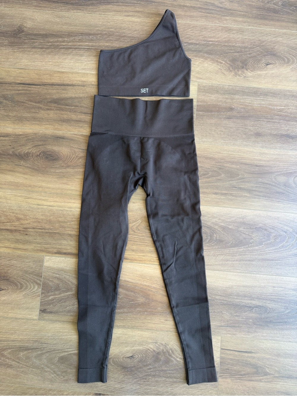 SET Active One-Shoulder Crop Top and High-Waist Leggings in Espresso